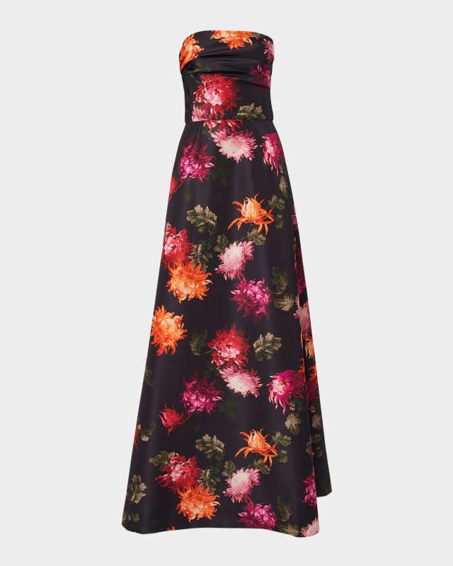 Floral-Print Strapless A-Line Gown